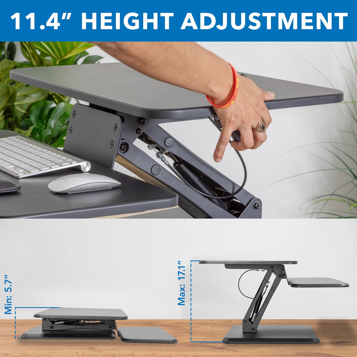 Mount-It! Compact Standing Desk Riser, Height Adjustable Desktop Sit Stand Workstation with Gas Spring, Tabletop Stand Up Desk with Keyboard Tray, Black