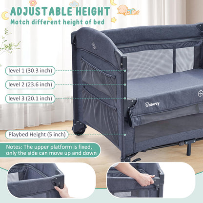 5 in 1 Pack and Play Bedside Sleeper with Bassinet, Diaper Changer & Hanging Toy, Portable Crib Nursery Center for Newborns to Toddlers, Grey