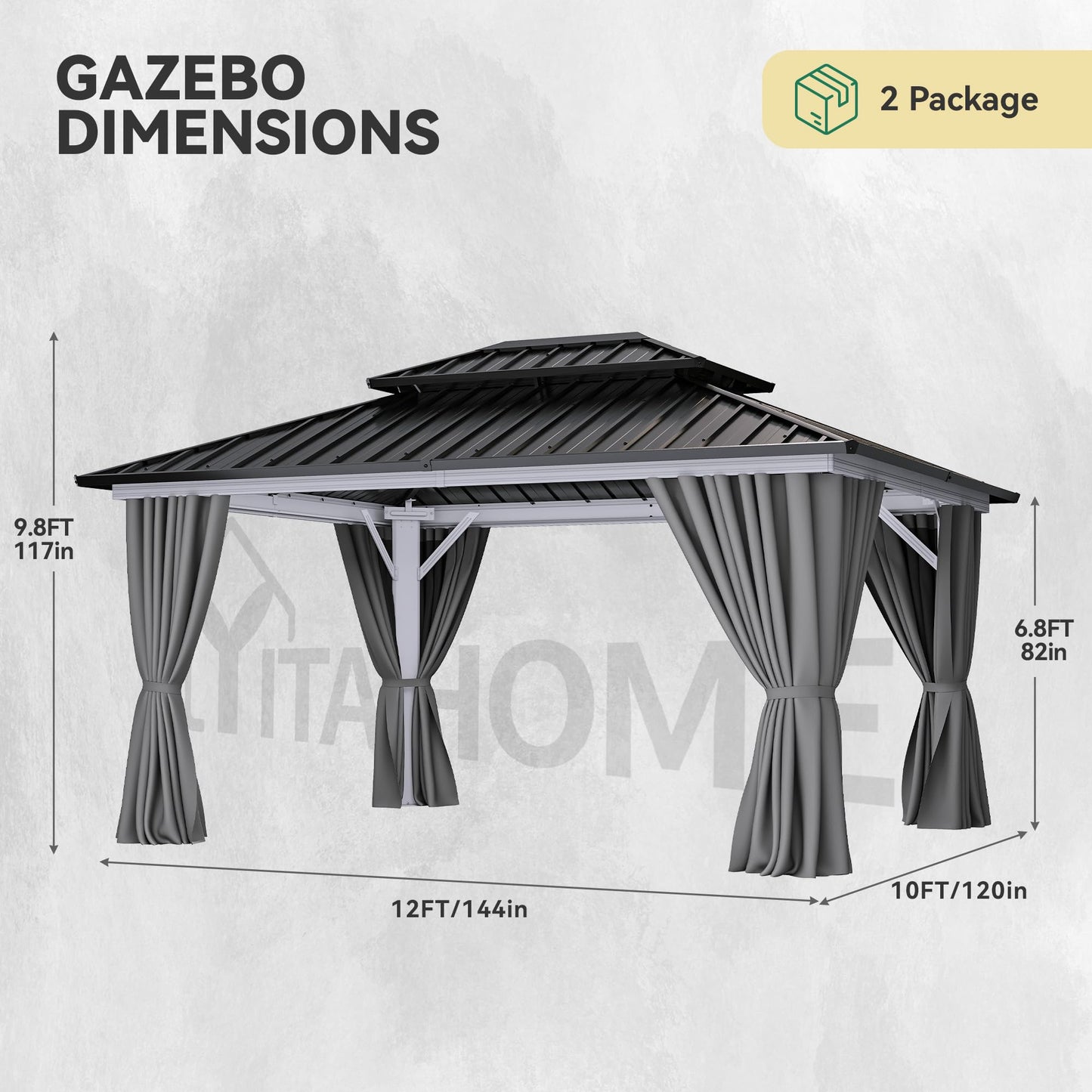 YITAHOME White Gazebo Hardtop 10x12ft Double Roof Aluminum Frame Galvanized Outdoor Gazebo with Netting and Shaded Curtains Garden Tent for Patio, Backyard, Deck and Lawns, Grey Curtain