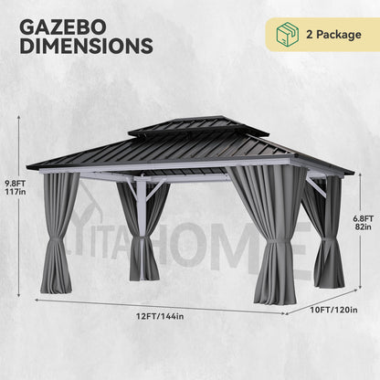 YITAHOME White Gazebo Hardtop 10x12ft Double Roof Aluminum Frame Galvanized Outdoor Gazebo with Netting and Shaded Curtains Garden Tent for Patio, Backyard, Deck and Lawns, Grey Curtain