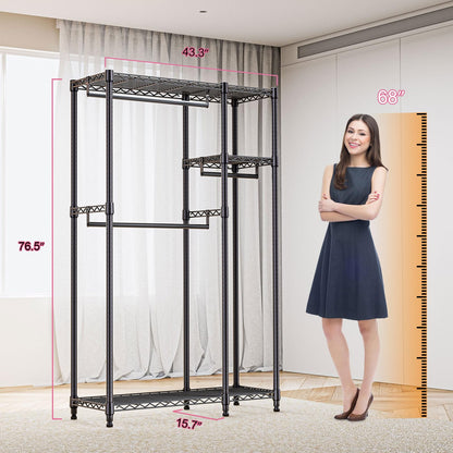 M MZG Heavy Duty Rolling Garment Rack 3 Tiers Adjustable Wire Shelving Clothes Rack with 3 Rods and Side Hooks,Storage Closet Clothing Rack Black 15.7" D x 43.3" W x 76.5" H