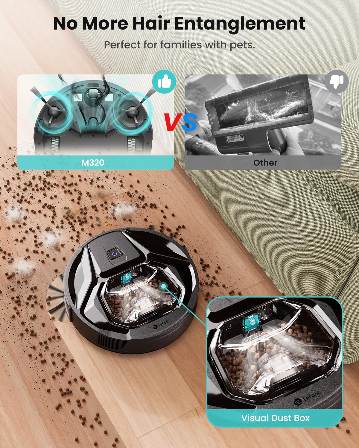 Lefant M320 Robot Vacuum Cleaner, Carpet Detection, 6,000 Pa Suction, Low Noise, 800ml Visible Dustbin, 210 Mins Runtime, Self-Charging, Works with Alexa, Ideal for Hard Floor, Pet Hair, Black