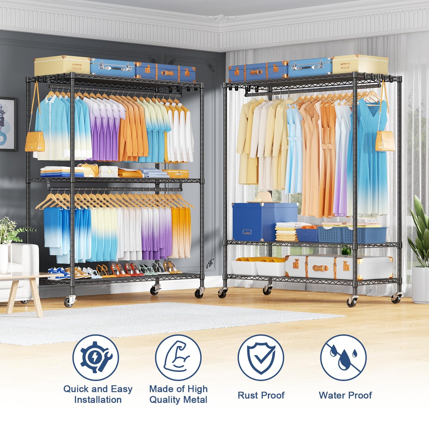 ULIFHOME P8 Max Heavy Duty Clothes Rack（With Extended Width Design） Rolling Clothing Racks for Hanging Clothes，Portable Garment Rack with Lockable Wheels，51.2" W x 15.8" D x 80.5" H，Load 700LBS，Grey