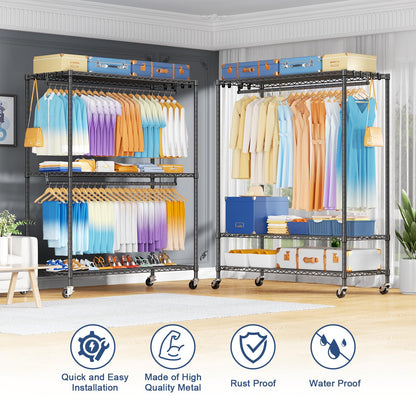 ULIFHOME P8 Max Heavy Duty Clothes Rack（With Extended Width Design） Rolling Clothing Racks for Hanging Clothes，Portable Garment Rack with Lockable Wheels，51.2" W x 15.8" D x 80.5" H，Load 700LBS，Grey