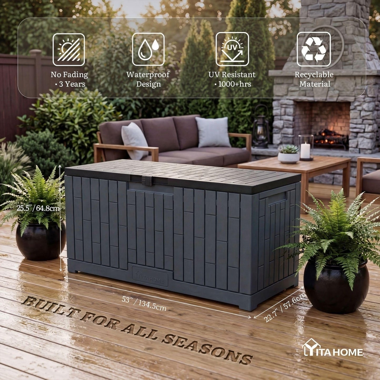 YITAHOME 120 Gallon Large Deck Box, 53"L x 22.7"W x 25.5"H Resin Outdoor Storage Box with Slide-Locking Black Lid for Patio Cushions, Garden Tools, Pool Supplies, Easy Assembly, Waterproof, Dark Gray