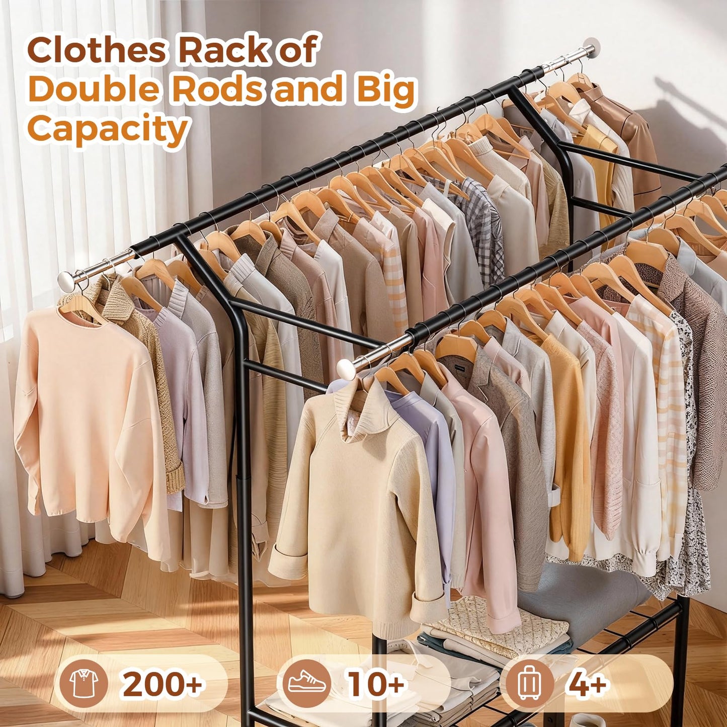 Luxspire Heavy Duty Clothes Rack Load 650 LBS, Double Rod Clothing Racks for Hanging Clothes, Rolling Garment Racks with Lockable Wheels, Shelves, Adjustable Laundry Hanging Rack, Black