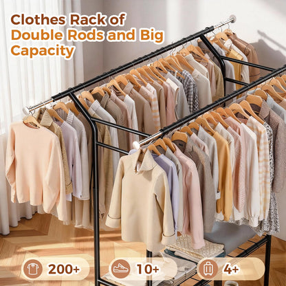 Luxspire Heavy Duty Clothes Rack Load 650 LBS, Double Rod Clothing Racks for Hanging Clothes, Rolling Garment Racks with Lockable Wheels, Shelves, Adjustable Laundry Hanging Rack, Black
