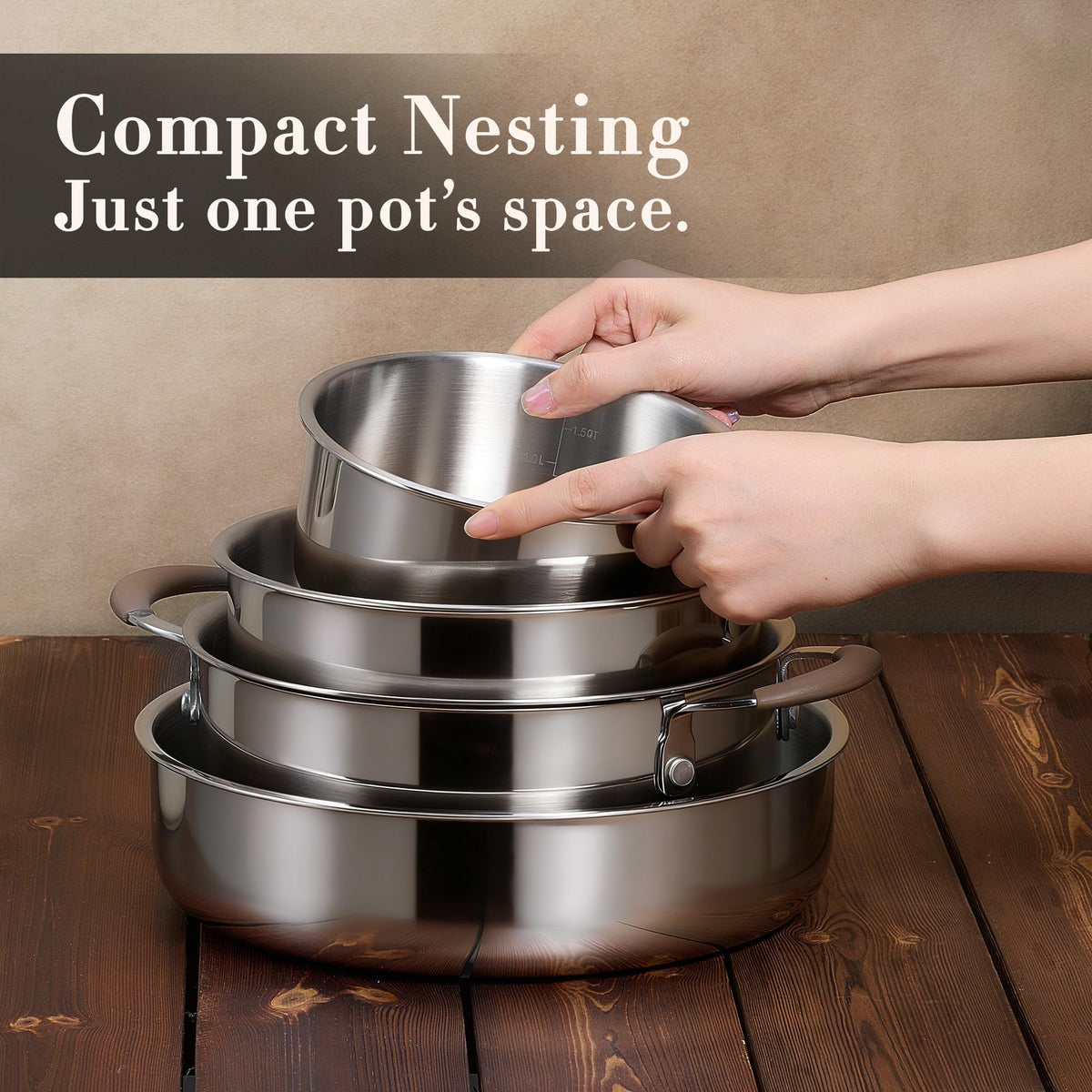 CAROTE 19pcs Stainless Steel Cookware Set with Detachable Handle, Pots and Pans Set, Induction Kitchen Cooking Sets, RV/Camping Cookware, Removable Handle, Oven Safe, Woodgrain, Mothers Day Gifts