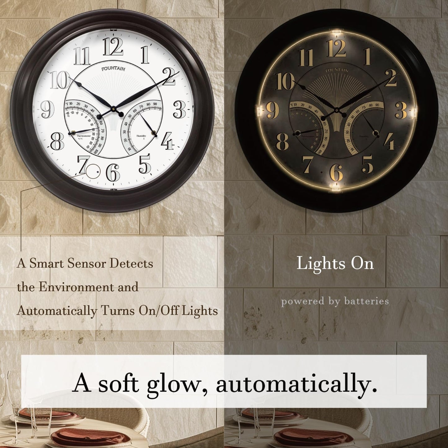 FOUNTAIN DESIGNS 24" Jameson in/Outdoor Lighted Clock, Self-Illuminated, Waterproof, 3 in 1 Weather Station (Thermometer & Hygrometer), Metal Clock, Oil Rubbed Bronze Finish(Night Light)