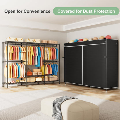SEMHOR K01C Heavy Duty Clothes Rack with Cover, Freestanding Portable Closet System with Shelves, Adjustable Carbon Steel Garment Rack, Black Clothing Racks for Hanging Clothes, 860LBS Max Load