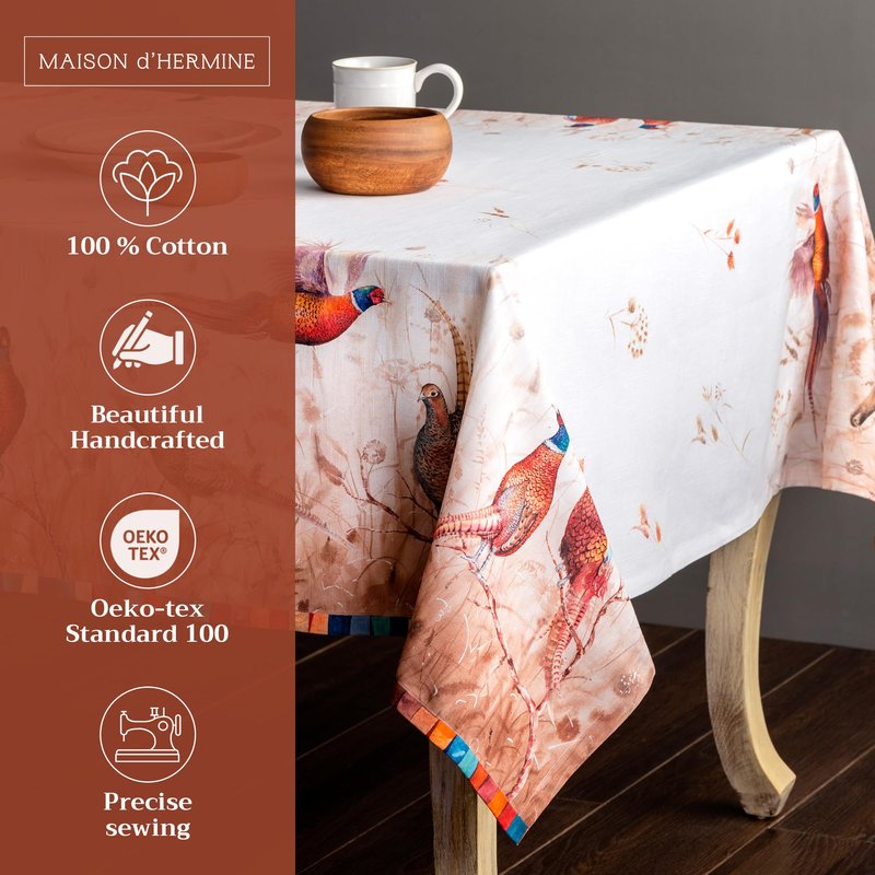 Maison d' Hermine Table Cloth Rectangle Table 100% Cotton 54 x 72 Inches Fall Tablecloth Reusable Everyday Use for Thanksgiving Christmas Decorations Dining Farmhouse Party (Faisan D'Automne)