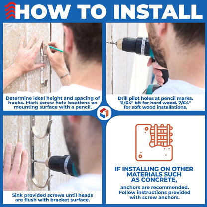 ProTuff Pool Pole Hanger Set - 2 Pack of Rust-Proof Stainless Steel Hooks - Easy Install for Poles, Nets & Skimmers