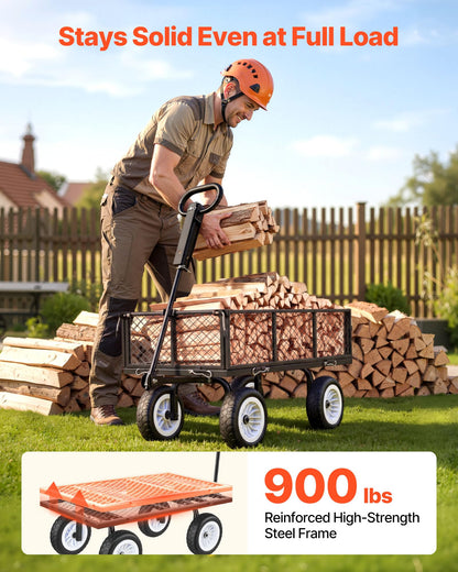 VEVOR 900 LBS Steel Garden Cart, 2 in 1 Handle, Heavy Duty Pullable Garden Wagon with 10" Flat-Free Tires, Outdoor Utility Yard Wagon Cart with Detachable Side Panels, Attach to ATV or Tractor