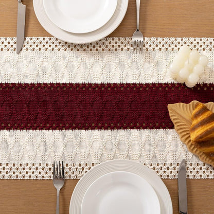 Socomi Boho Table Runner Easter Spring Farmhouse Rustic Dining Kitchen Centerpiece Decor Small Macrame Woven Cotton Linen Coffee Table Runner for Dresser Scarf Home Decor 12x36 in Burgundy Ivory