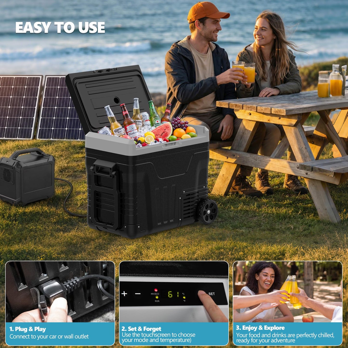 Kndko 12 Volt Car Refrigerator, 53 Quart (50L) Dual Zone Electric Cooler, Fast Cooling Portable Fridge 12V/24V DC 100-240V AC, -4℉~68℉, 12v Cooler with Wheels & Baskets for Camping, Road Trip, Truck