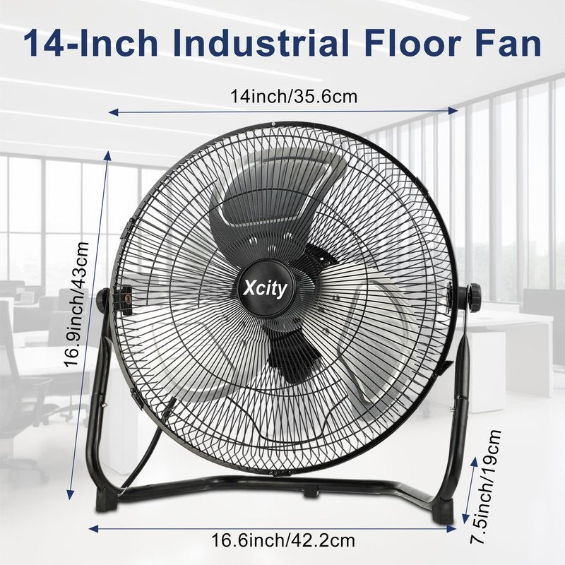 Xcity 14 Inch Metal Industrial Floor Fans, Max 2100 CFM, Heavy Duty High Velocity Fan with 3-speed and 360°Adjustable Tilt, for Warehouse, Workshop, Commercial, Factory, Garage