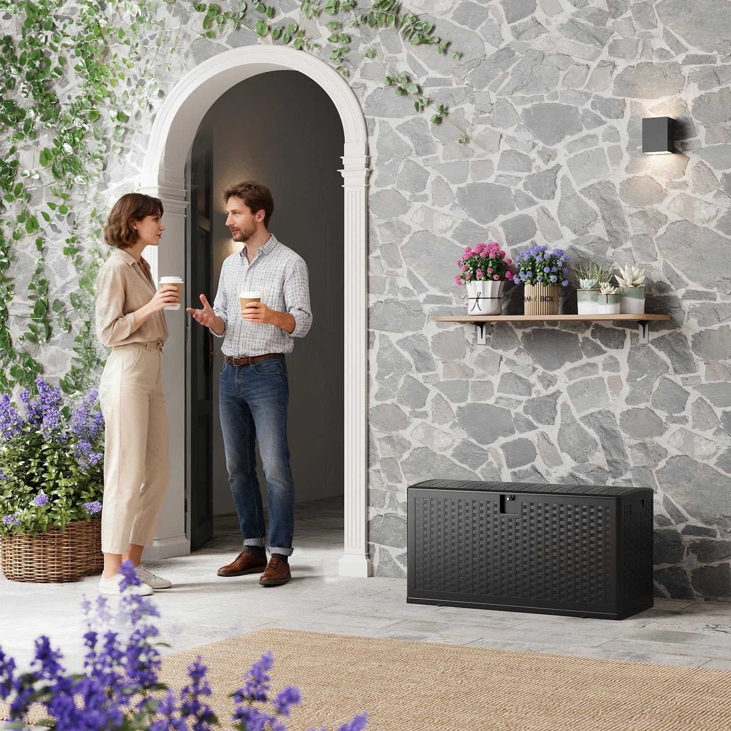 73-150 Gallon Large Outdoor Storage Box - Waterproof Resin Deck Box with Lockable Lid & Gas Struts, All-Weather Patio Storage Bench for Cushions, Pool Toys, Garden Tools, Rattan Texture (Brown/Black)