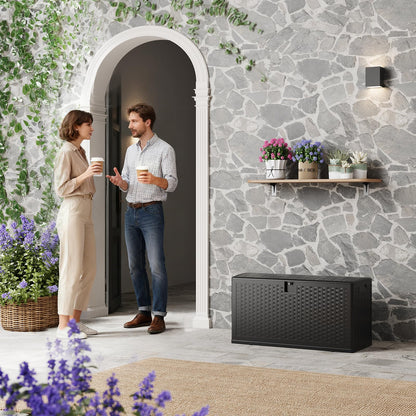 73-150 Gallon Large Outdoor Storage Box - Waterproof Resin Deck Box with Lockable Lid & Gas Struts, All-Weather Patio Storage Bench for Cushions, Pool Toys, Garden Tools, Rattan Texture (Brown/Black)