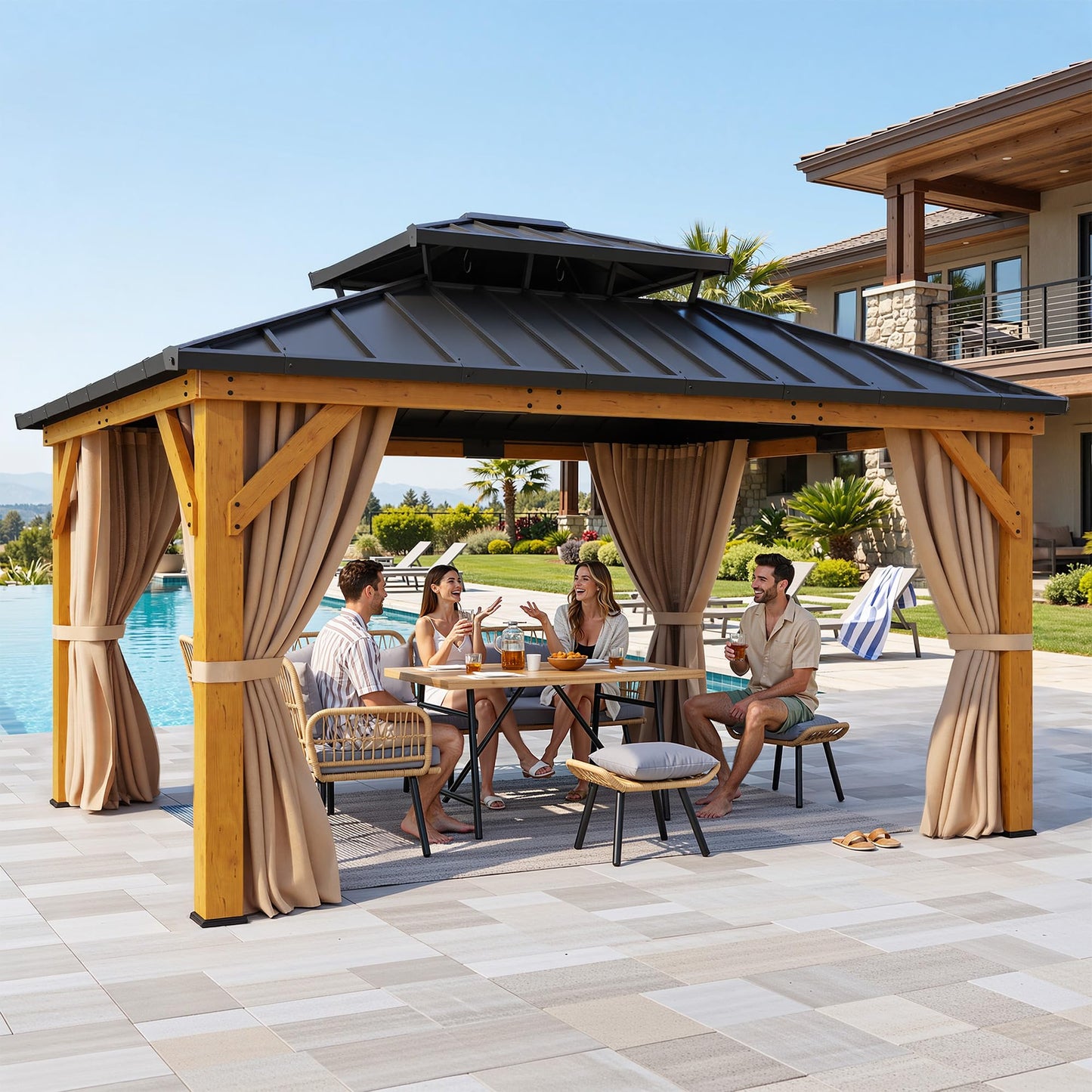 YITAHOME 13X15 Wood Gazebo Hardtop with Nettings and Curtains, Heavy Duty Double Roof Galvanized Steel Outdoor Wood Frame Roof for Patio, Backyard, Deck, Lawns