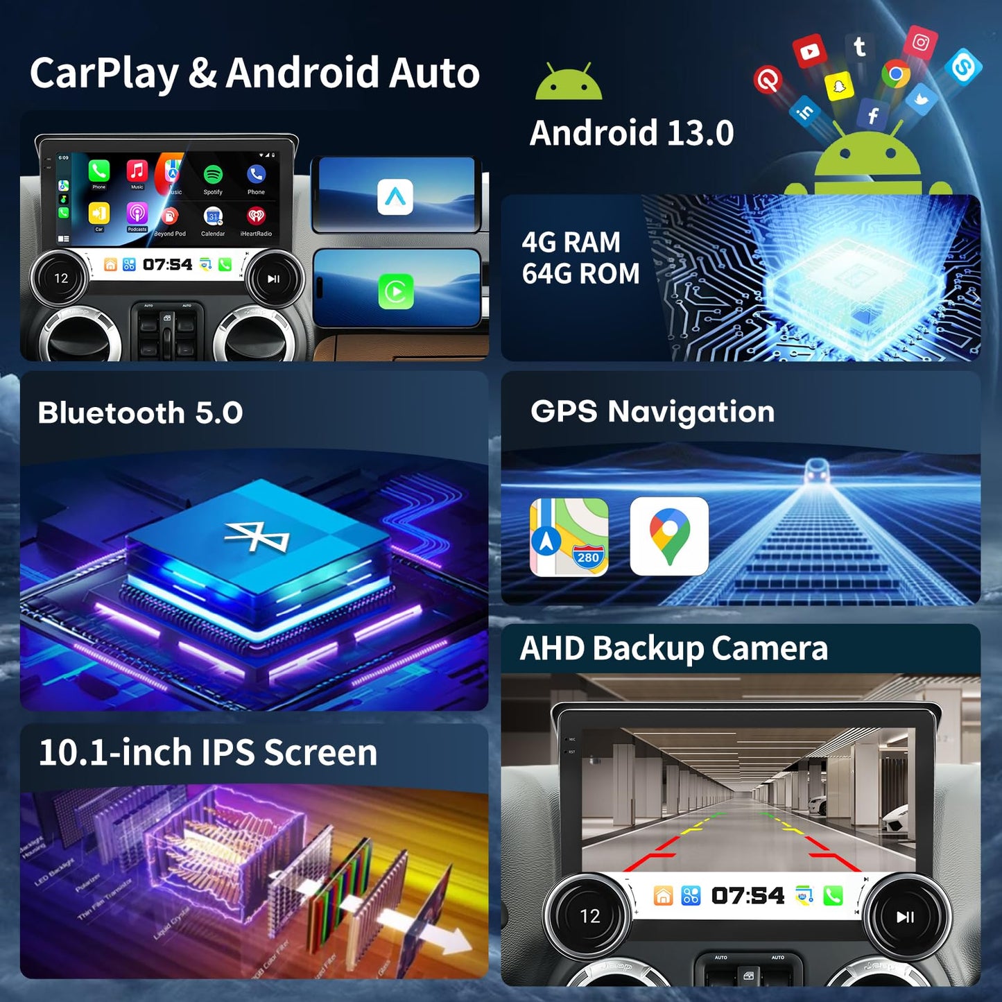 Radio for Jeep Wrangler JK 2007-2018 Compass Grand Cherokee Dodge Ram 1500 2500 3500 2009-2012 Radio Upgrade 8Core 4+64G CarPlay Android Auto 2K 10.1 Inch QLED Screen Bluetooth AHD Backup Camera SWC