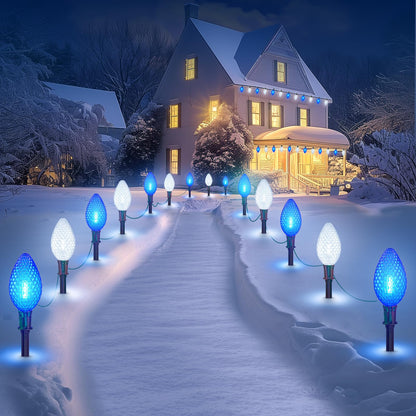 Minetom Christmas Pathway Lights - 2 Pack 13.5Ft C9 LED with 10 Stakes, Blue & Cool White, Waterproof, Model GY-C-50.6-U-B
