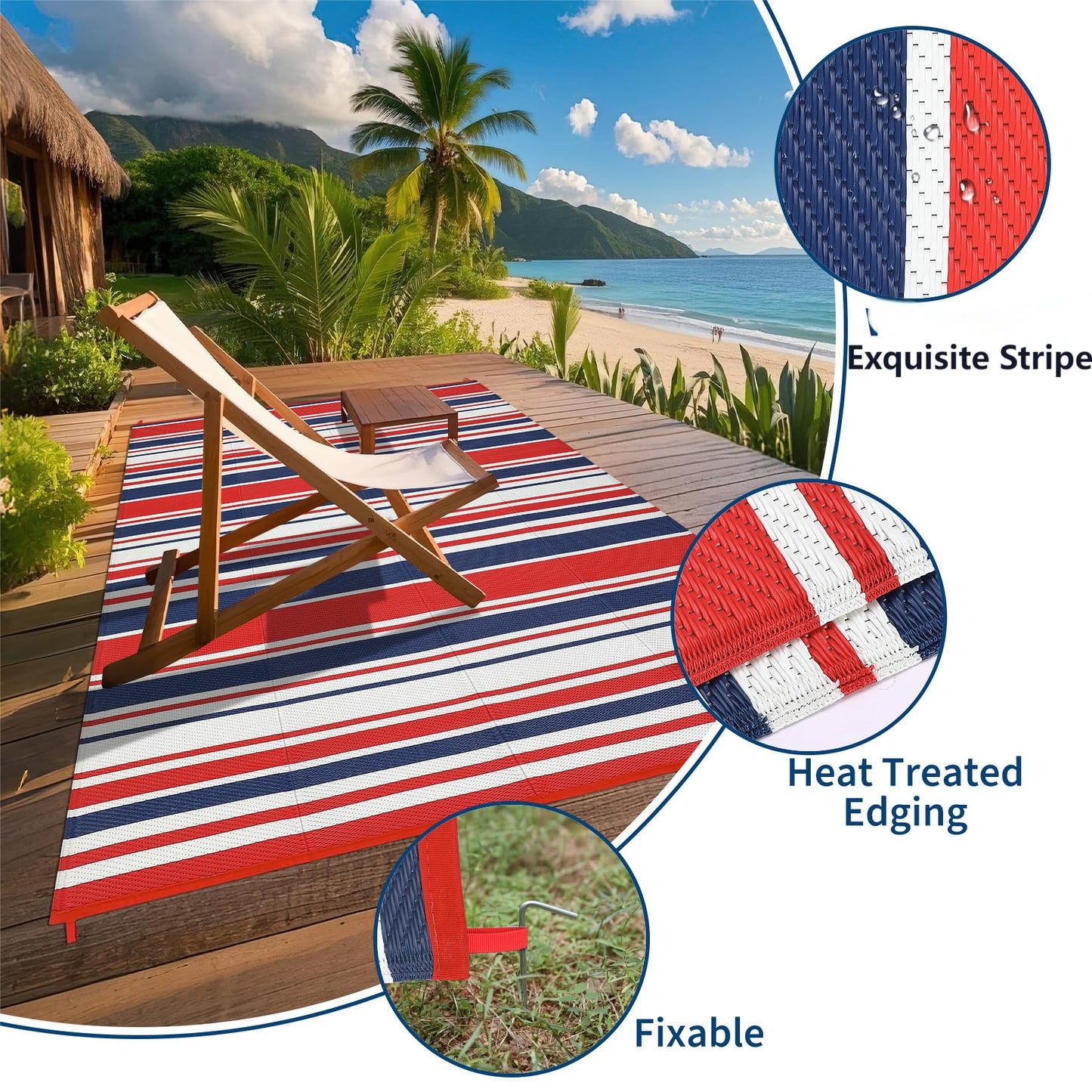 LUXLOOM Outdoor Plastic Straw Rug 9x18 Large Washable Floor Mat Modern Lines Waterproof Rug for Patio Reversible Rugs for Outdoors RV Beach Patio Camping Backyard Deck Picnic Outside Red Navy