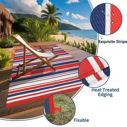 LUXLOOM Outdoor Plastic Straw Rug 9x18 Large Washable Floor Mat Modern Lines Waterproof Rug for Patio Reversible Rugs for Outdoors RV Beach Patio Camping Backyard Deck Picnic Outside Red Navy