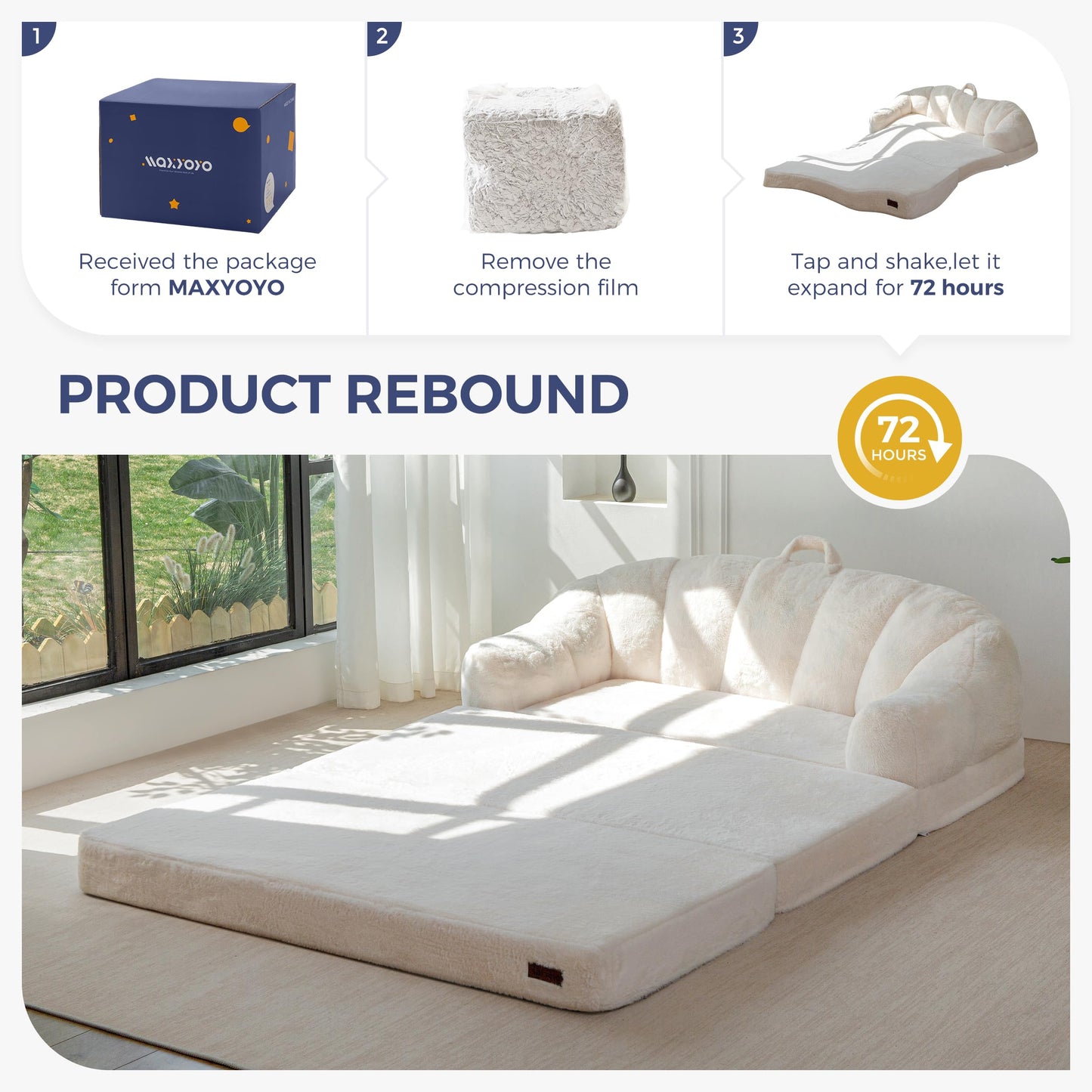 MAXYOYO Folding Sofa Bed, 2 in 1 Convertible Sofa to Lounger Comfy Loveseat Bean Bag Chair for Adults, Floor Couch with Handle, Faux Fur Couch Bed for Living Room Bedroom, Beige, Loveseat
