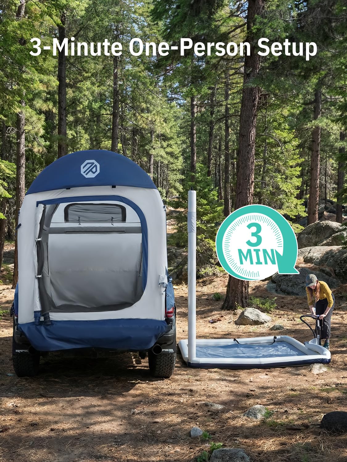 Niphean Inflatable Truck Bed Tent with Zipper-Connect Rv Awning, 3-Min Setup Camping System for 5.5–8ft Truck Tent, Waterproof PU3000mm + UV50+ Side Shade, 2+1 Person Overland Shelter