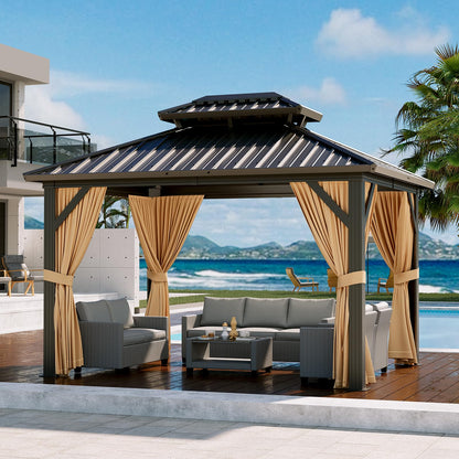 Hardtop Gazebo 10x12 FT, Garden Tent, Frame of Aluminum, Tin Roof Pavilion, Outdoor Gazebo, Sun Shed with Curtain and Netting for Backyard Patio Garden