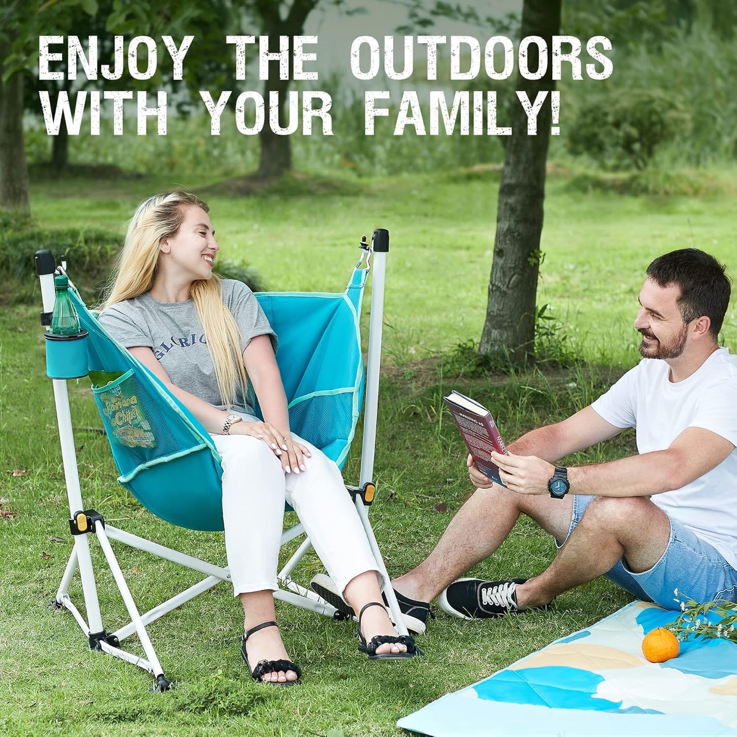 Portal Hammock Camping Chair Folding Rocking Chair Portable Swinging Chair with Cup Holder for Outdoor Lawn Backyard Patio Car Camp Sports Concerts,Support 350 lbs Blue, 2 Pack