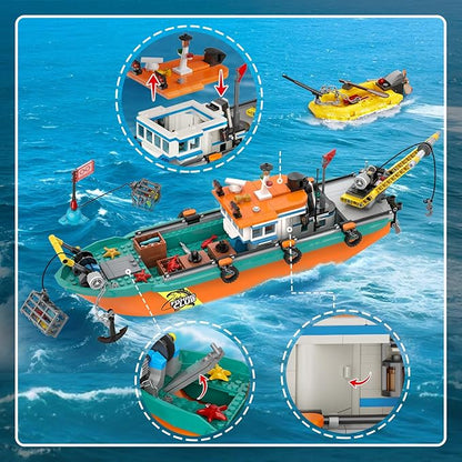 City Fishing Boat Wharf Building Set - Floatable Sea Fishing Ship Building Block Kit with Speedboat Crane Containers Exploration Boats Toy Birthday Gift for Kids Boys Girls 6 7 8 9 10+ 762PCS