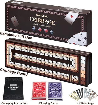 VAMSLOVE Upgraded Wooden 4-Track Cribbage Board Game Magnetic Scoreboard with Large Slots for Storing 2 Playing Cards and 12 Metal Pegs Travel Family Game Night (Instruction Included)