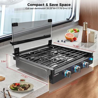 CAMPLUX Classic RV Stove 3 Burners 21,000 BTU, 21 Inches Propane Cooktop with Tempered Glass Cover, RV Stove Top, Slide-in for Camper Trailers, Motorhomes, and Boats, Black RGH21IB