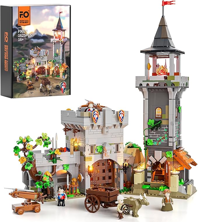FUNWHOLE Medieval Watchtower Lighting Building-Bricks Set - Guardiance Castle with Soldier Farmer Minifigures Collectible Display Set 1625 Pcs for Adults and Teen