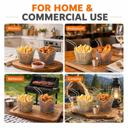 Potchen 96 Pcs Mini Square Fry Basket Stainless Steel French Fries Holder Deep Fryer Baskets Square Mesh Food Holder with Handle Table Serving Chips Baskets for Kitchen Restaurant Barbecue (Sliver)