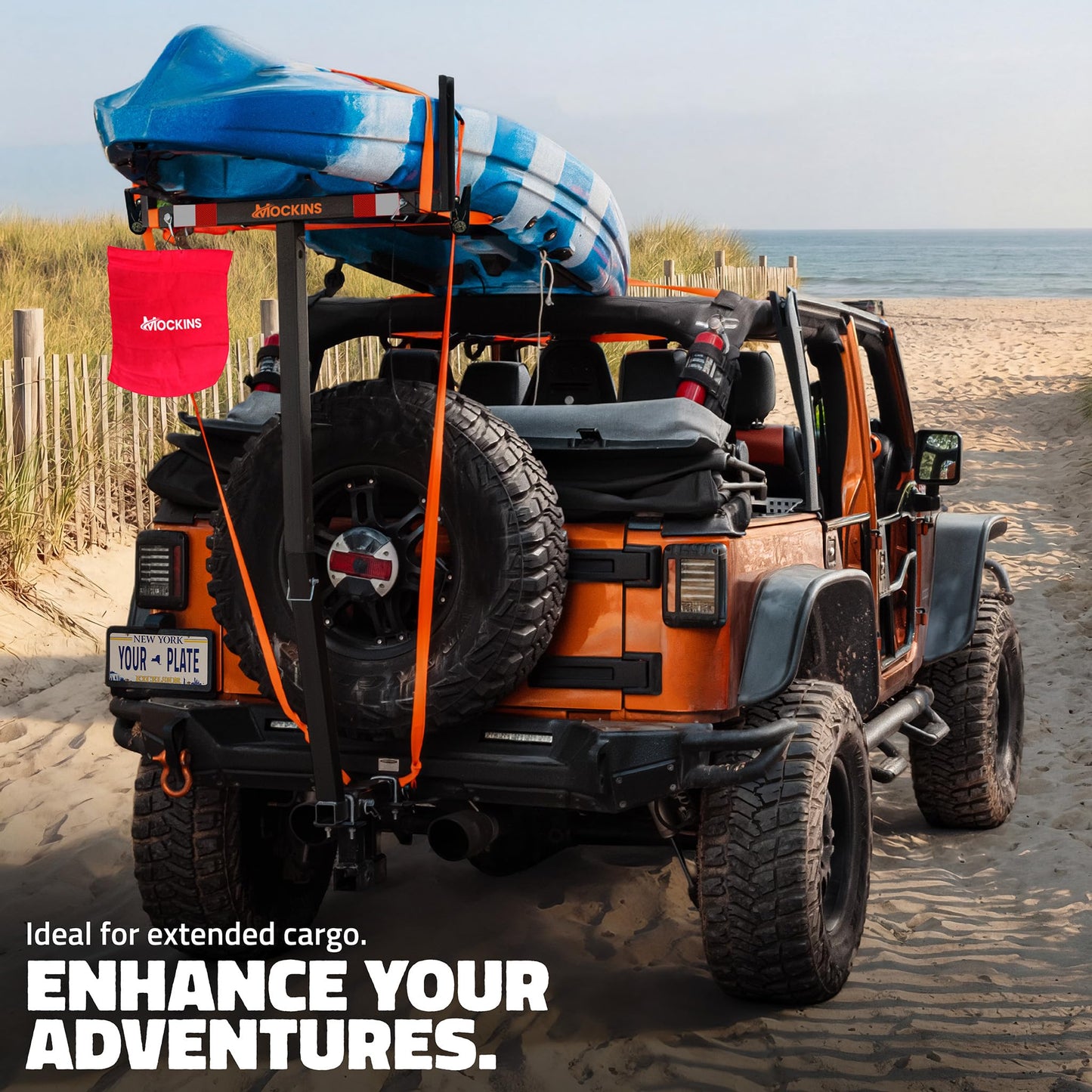 Mockins 750 Lbs Cap Truck Bed Extender Hitch Mount | 2-in-1 All-Weather Steel Canoe Rack & Kayak Trailer with Stabilizer & Straps | Versatile Truck Bed Hitch Extender for Ladders, Pipes, Lumber & More