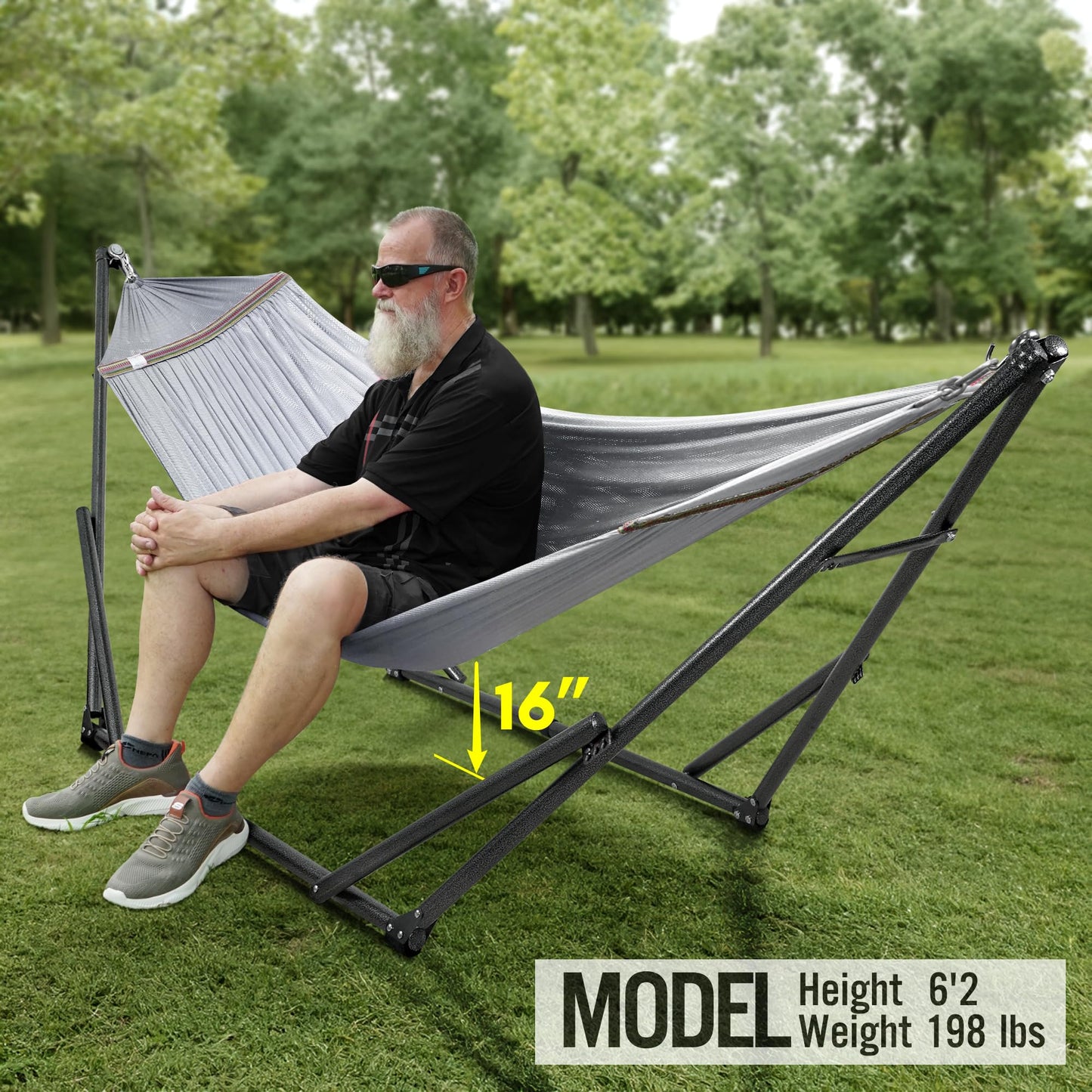 Tranquillo Universal Double Hammock with Stand Included for 2 Persons/Foldable Hammock Stand 600 lbs Capacity Portable Case - Inhouse, Outdoor, Camping, Grey