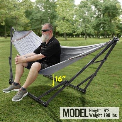 Tranquillo Universal Double Hammock with Stand Included for 2 Persons/Foldable Hammock Stand 600 lbs Capacity Portable Case - Inhouse, Outdoor, Camping, Grey