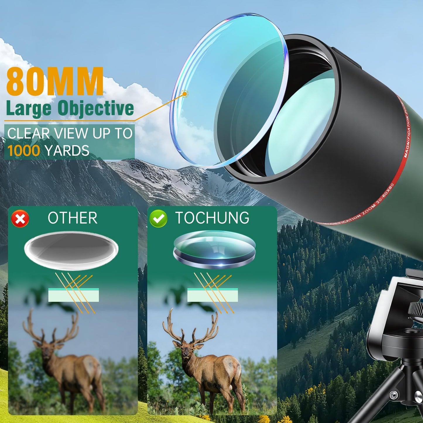 TOCHUNG 20-60x80 HD Spotting Scope | Waterproof & Fogproof High-Powered Telescope for Long-Distance Birdwatching, Target Shooting, Astronomy | Included Phone Adapter & Tripod & Carry Bag
