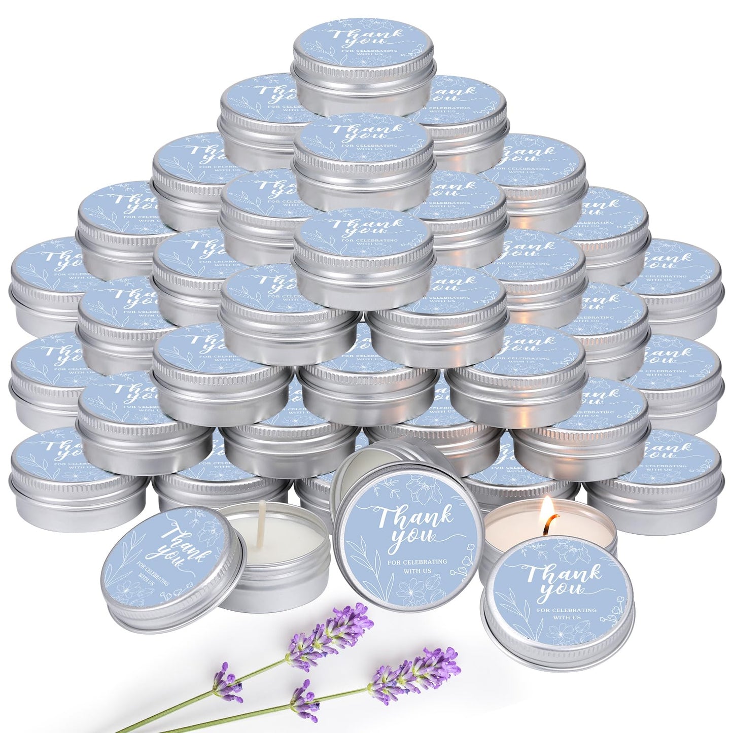 MTLEE 50 Pcs Blue Floral Wedding Thank You Candles Gifts for Guests, Bridal Shower Baby Shower Favors, 1 oz Mini Lavender Scented Soy Wax Candles Tin Bulk for Birthday Aromatherapy Party Favors