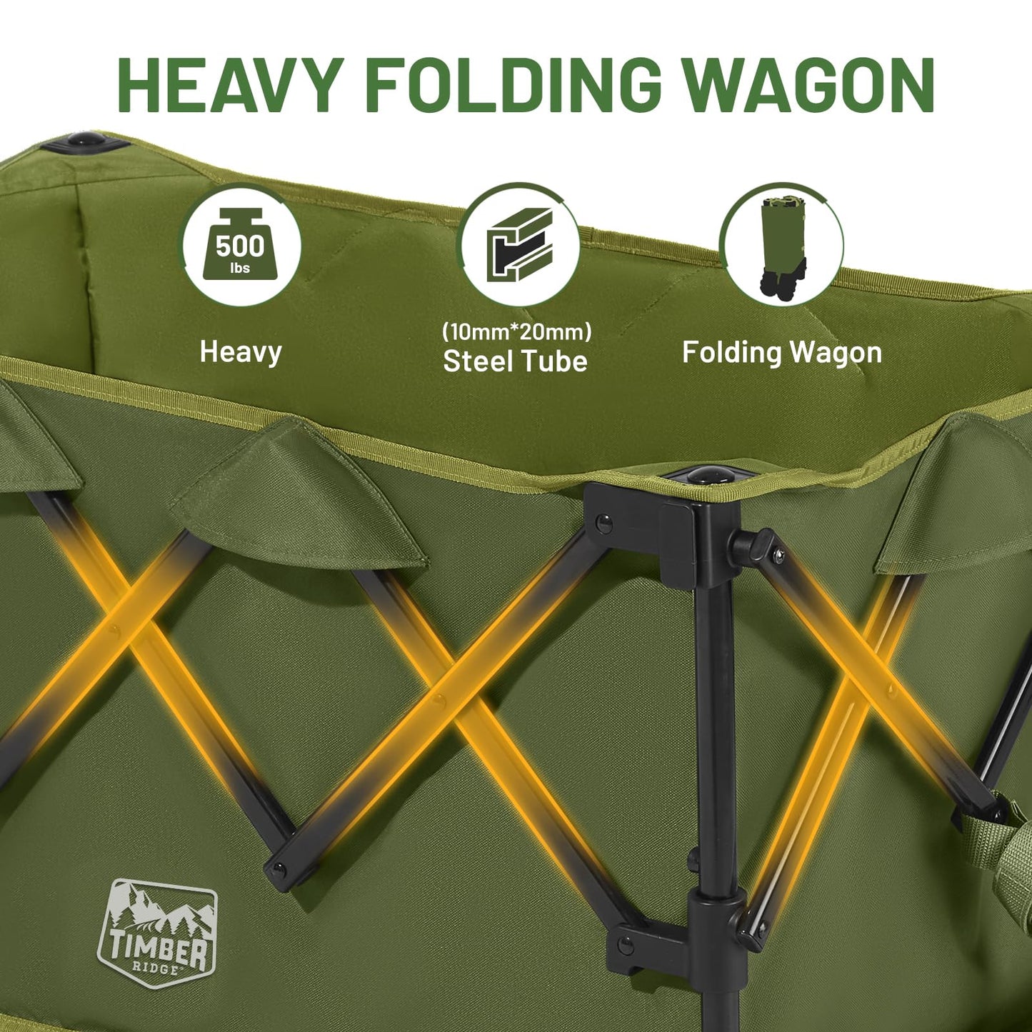 TIMBER RIDGE Outdoor Collapsible Folding Wagon with Brakes and Cup Holders, 500lbs Heavy Duty All Terrain Wheels Utility Cart for Shopping Camping Garden Sports, Green