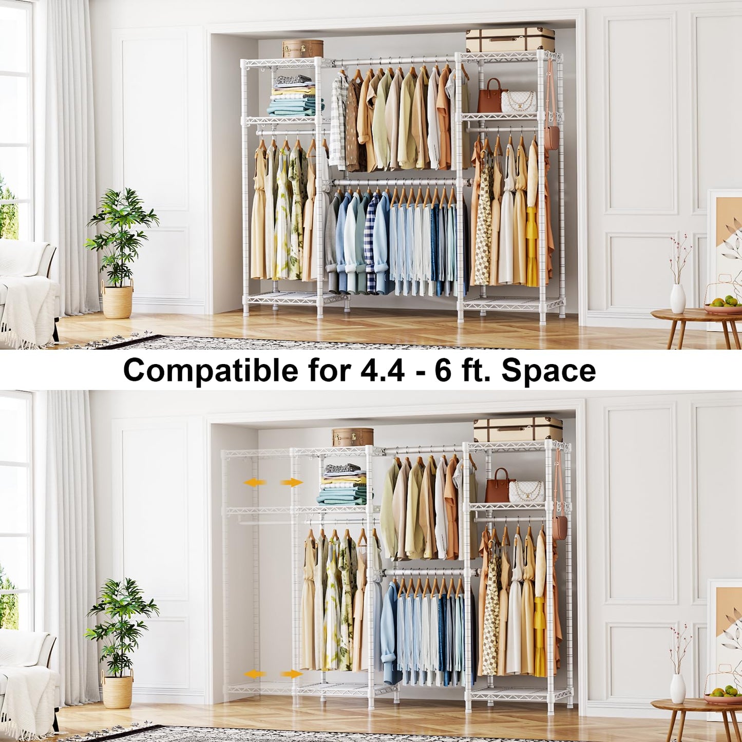 Ulif E7 Heavy Duty Garment Rack, Clothes Organizer and Storage Rack with Expandable Hangers, Metal Clothing Rack with 6 Wire Shelves, (52.3"-72") W x 14.5" D x 71.2" H, Load 838 LBS, White