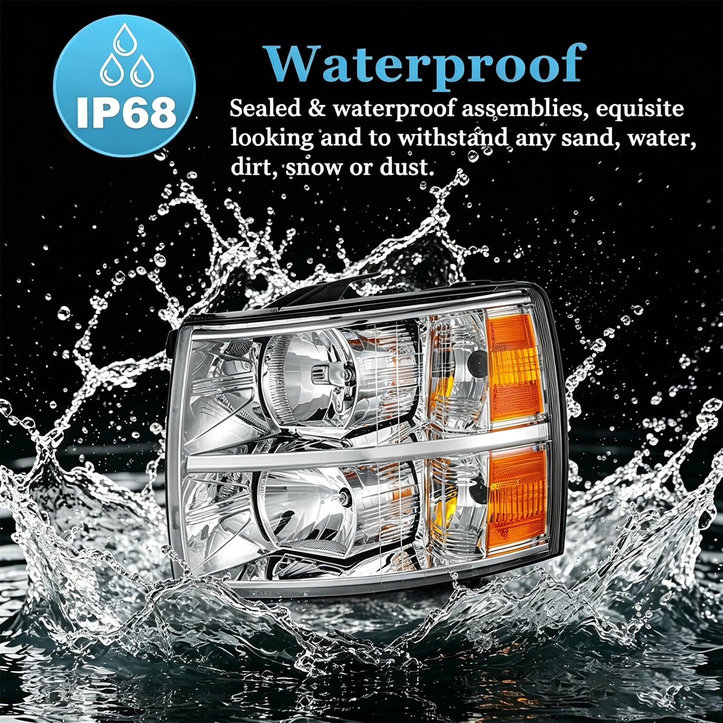 Pair of Chrome Housing Headlights Compatible with 07-13 Silverado 1500/07-14 Silverado 2500 3500 & HD Halogen Head Lights, OE-Style Headlamp Replaces GM2502280 GM2503280, with Bulb & Wiring Harness