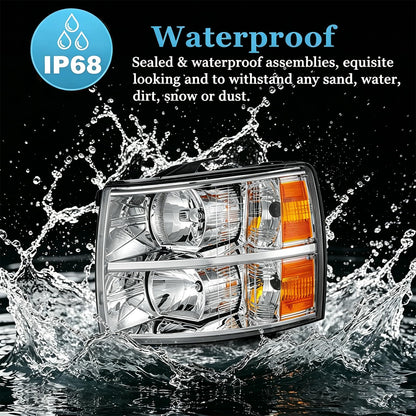 Pair of Chrome Housing Headlights Compatible with 07-13 Silverado 1500/07-14 Silverado 2500 3500 & HD Halogen Head Lights, OE-Style Headlamp Replaces GM2502280 GM2503280, with Bulb & Wiring Harness