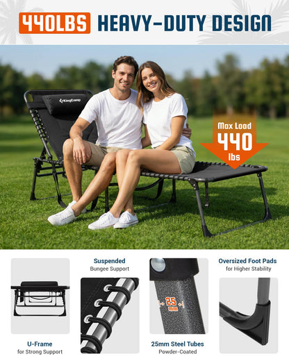 KingCamp Oversized Tanning Chair, Extra-Wide Padded Folding Chase Lounge Chairs Portable Adjustable 5-Position 440lbs Heavy Duty Lounger with Double-Layer Oxford for Outdoor Beach Patio Sun Pool Black