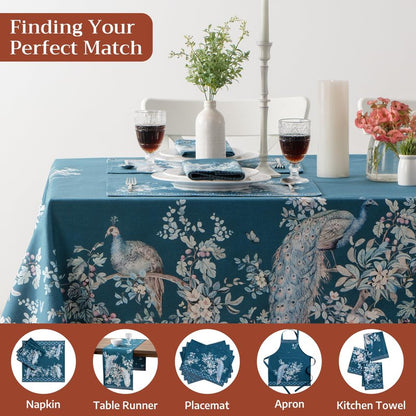 Maison d' Hermine Premium Table Cloth Rectangle Table 100% Combed Cotton 140 x 70 Inches Tablecloth Reusable Decorative for Dining Room, Farmhouse, Party, Festive & Wedding - Peacock Utopia - Deep Sea