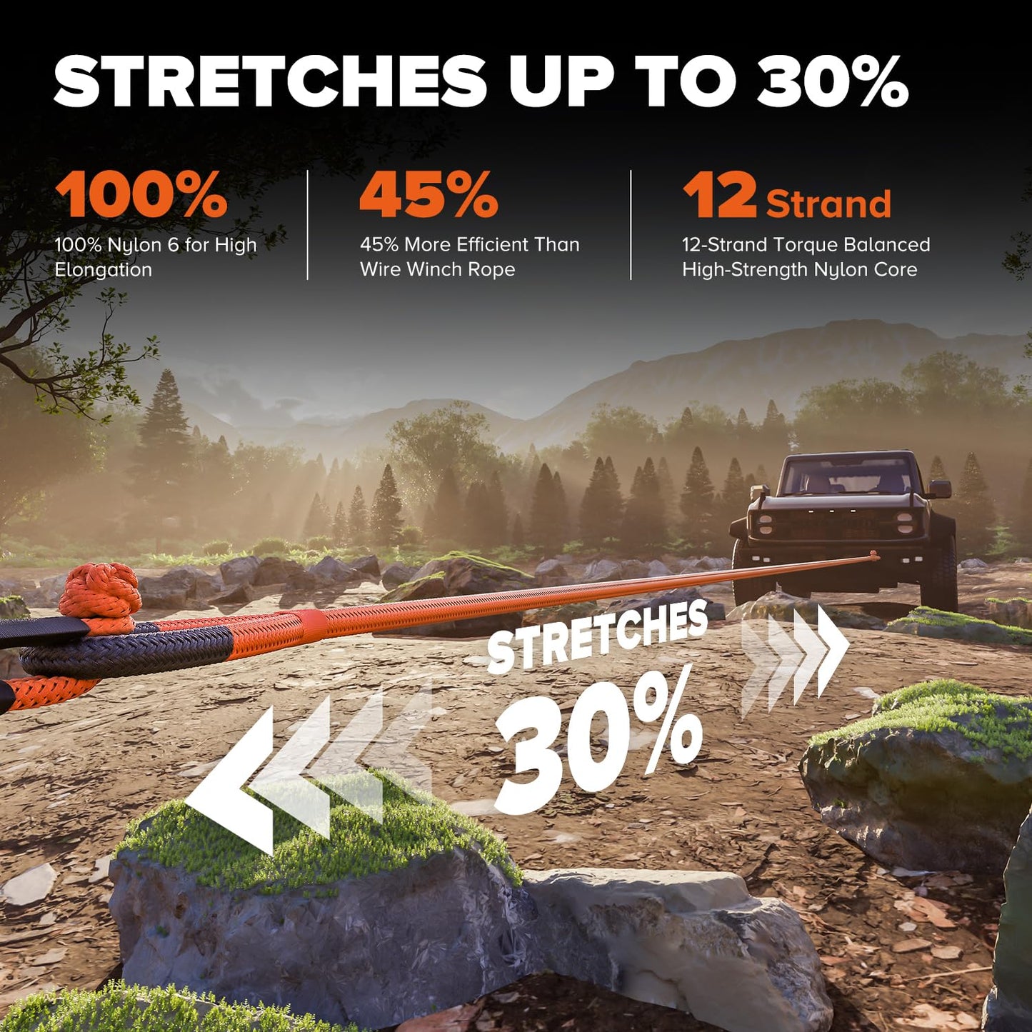 Kinetic Recovery Rope,1.26" x30ft Heavy Duty Offroad Tow Rope/60600 lbs Snatch Strap with Soft Shackles, 100% Nylon Offroad Towing Straps Kit for Truck ATV UTV SUV Jeep Car Tractor - Orange