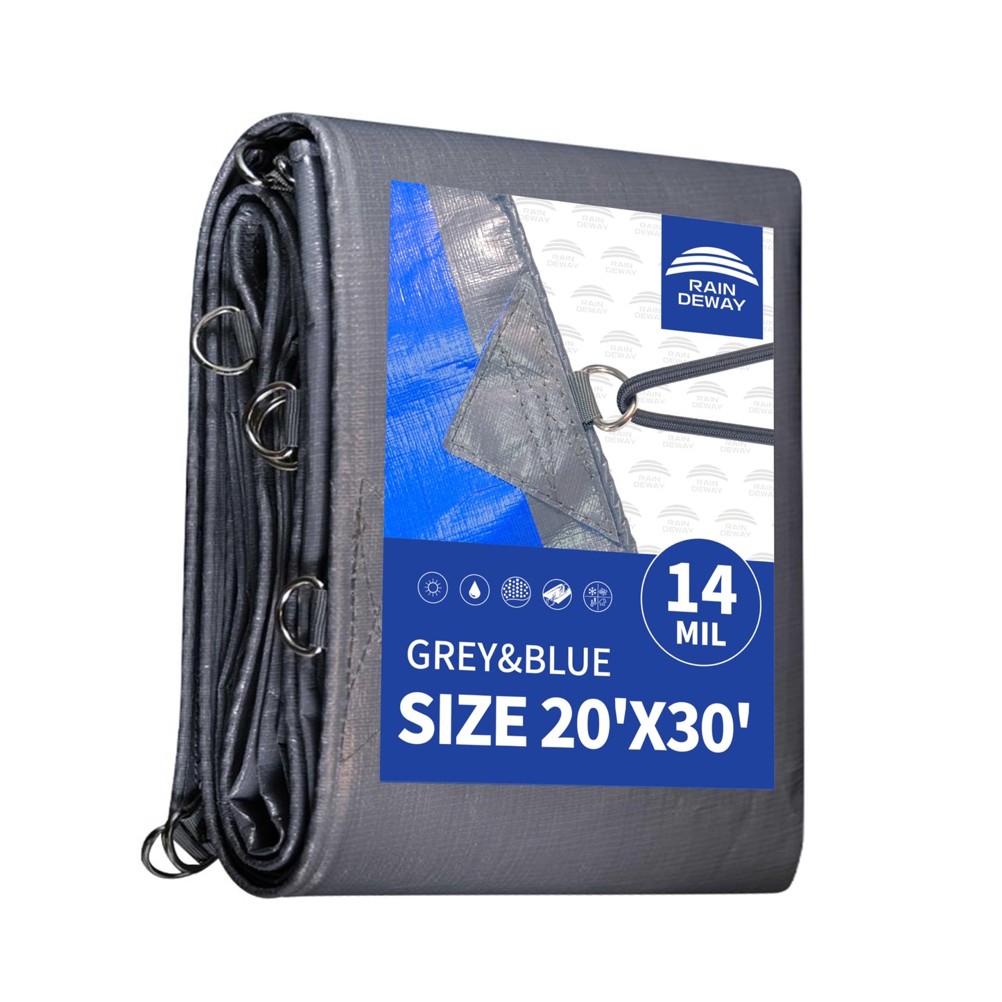 RAINDEWAY Tarps Heavy Duty Waterproof 20x30 Feet -14 Mils Super Heavy Duty Tarp with Metal Rings and Reinforced Corners and Edges, UV Resistant, Multipurpose Poly Tarp,Blue/Gray tarp