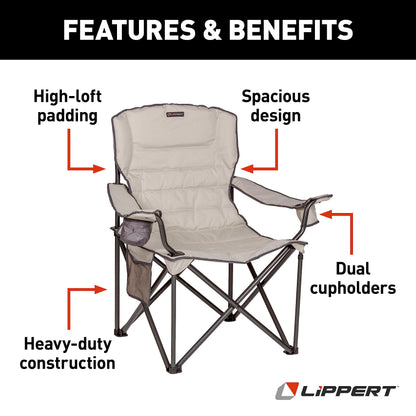 Lippert Campfire Deluxe Folding Chair - Sand, High-Loft, Foldable Cushion Chair, Dual Cup Holders, Power Coated Steel Frame, Durable 600D Outdoor Polyester Fabric, 500 lb. Capacity, 2022114819